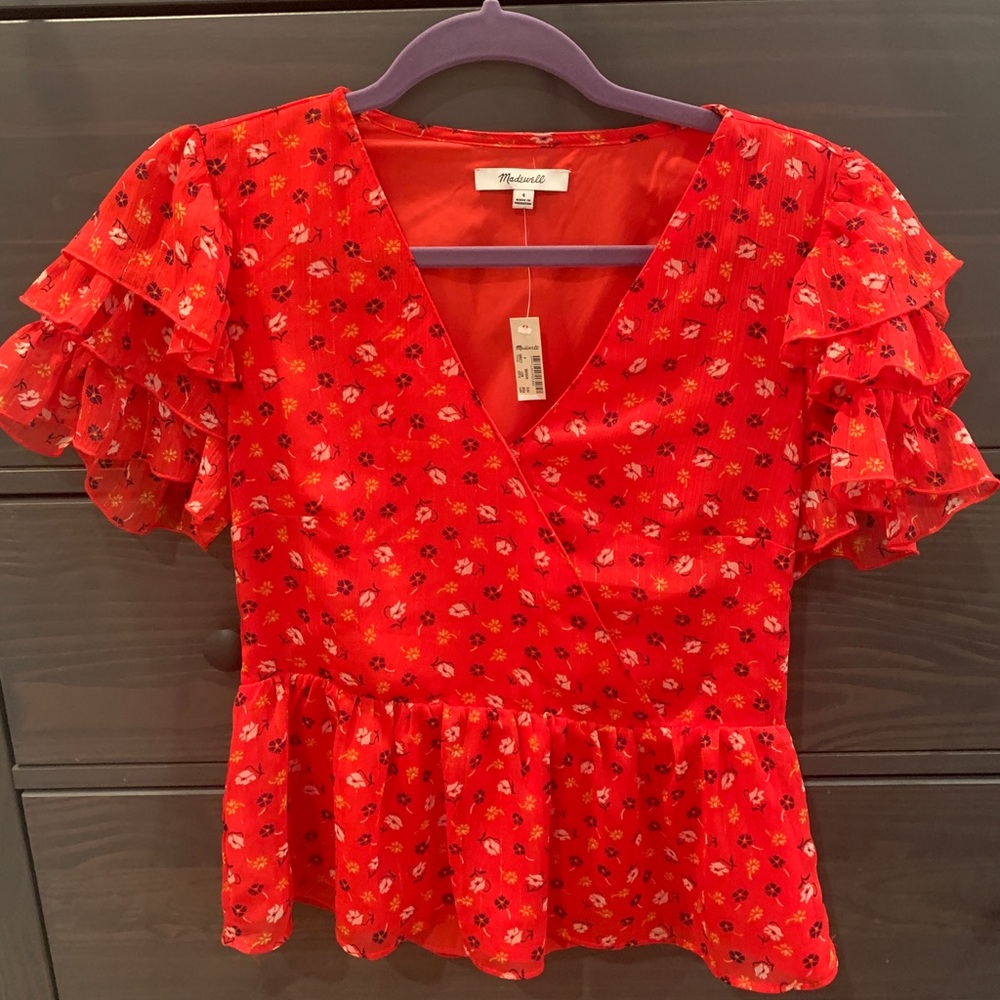 Madewell red floral blouse.